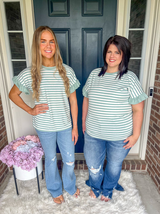 New! Aubrey Striped Ruffle Sleeve Top - Mint