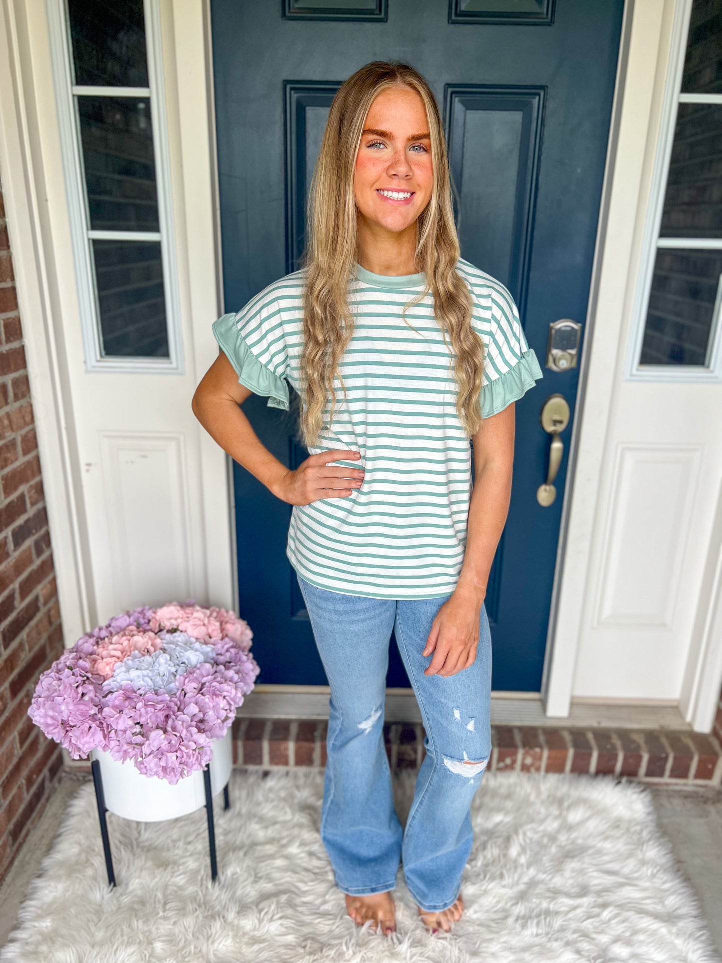 New! Aubrey Striped Ruffle Sleeve Top - Mint