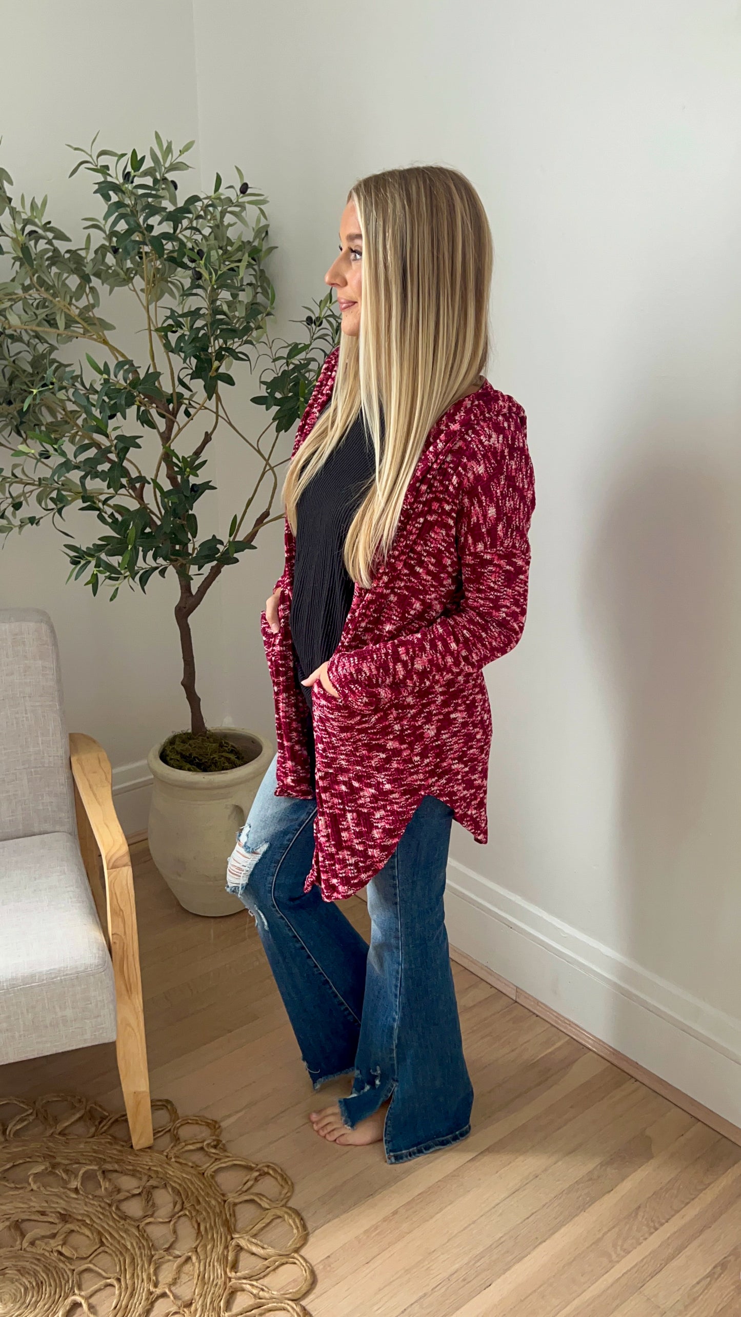 New! Cozy Hooded Open Front Cardigan - Burgundy