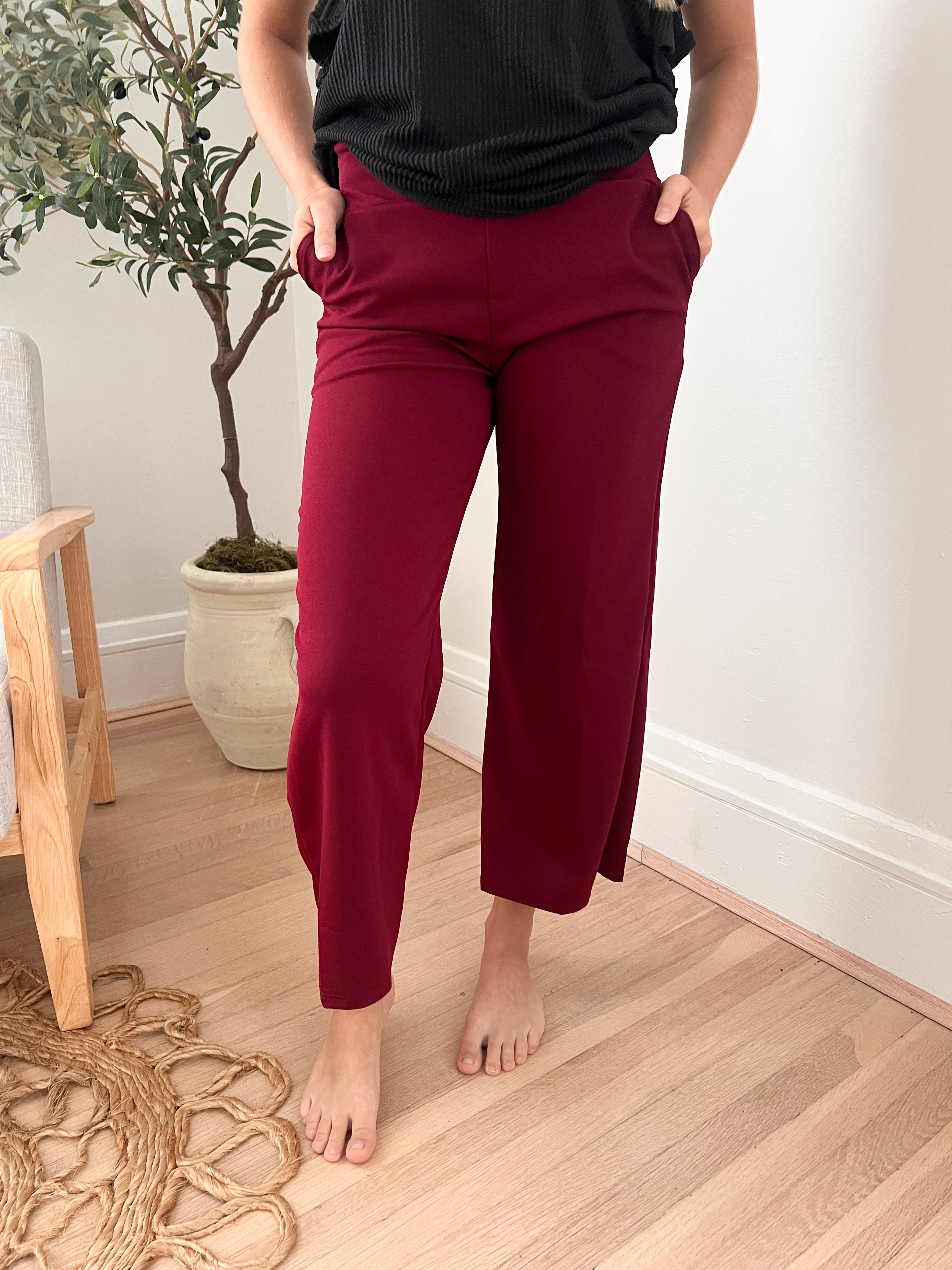 New! Lucy Wide Leg Stretchy Crop Pants - Burgundy – Bella's