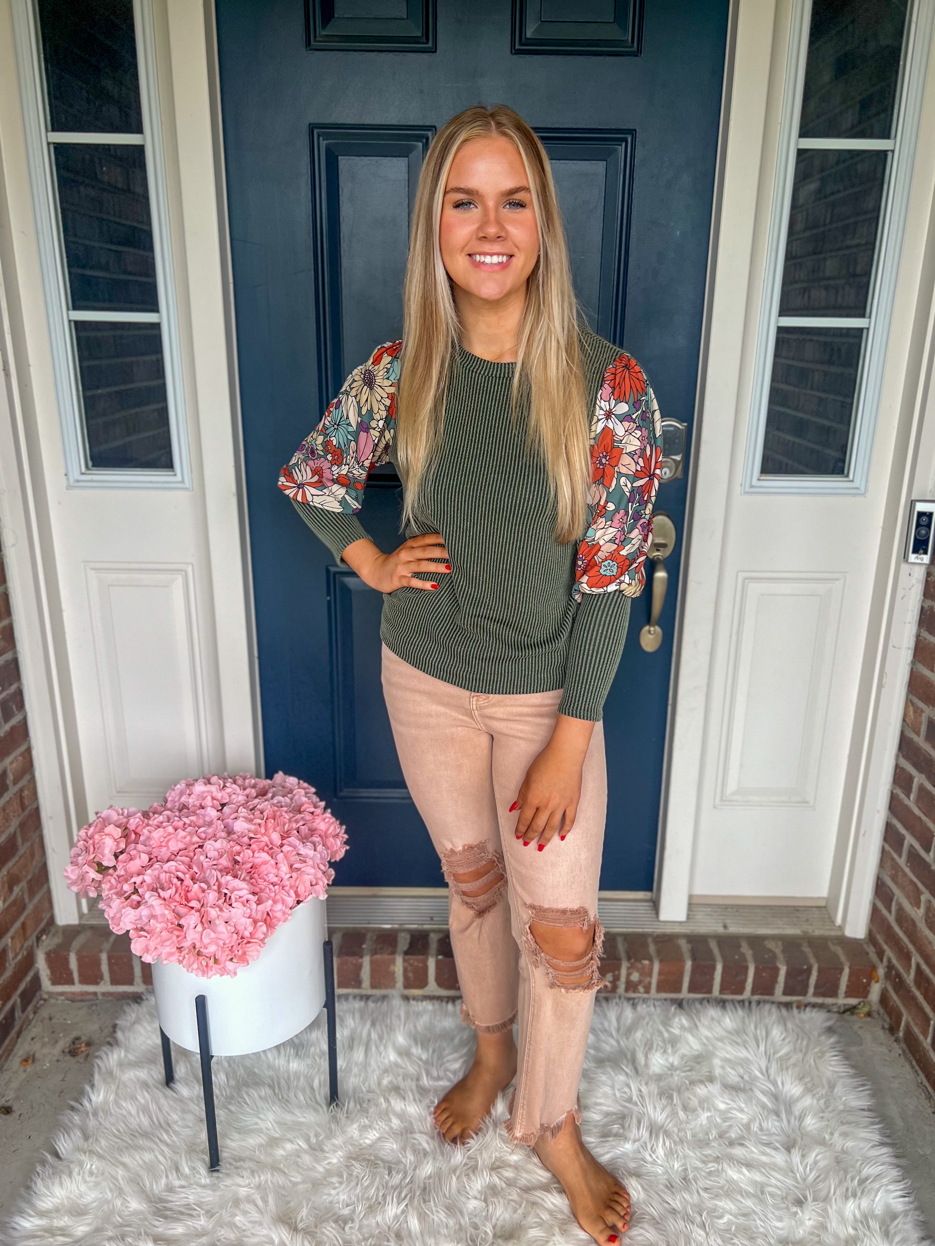 Aurora Olive Floral Sleeve Top