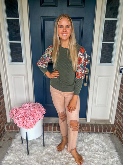 Aurora Olive Floral Sleeve Top