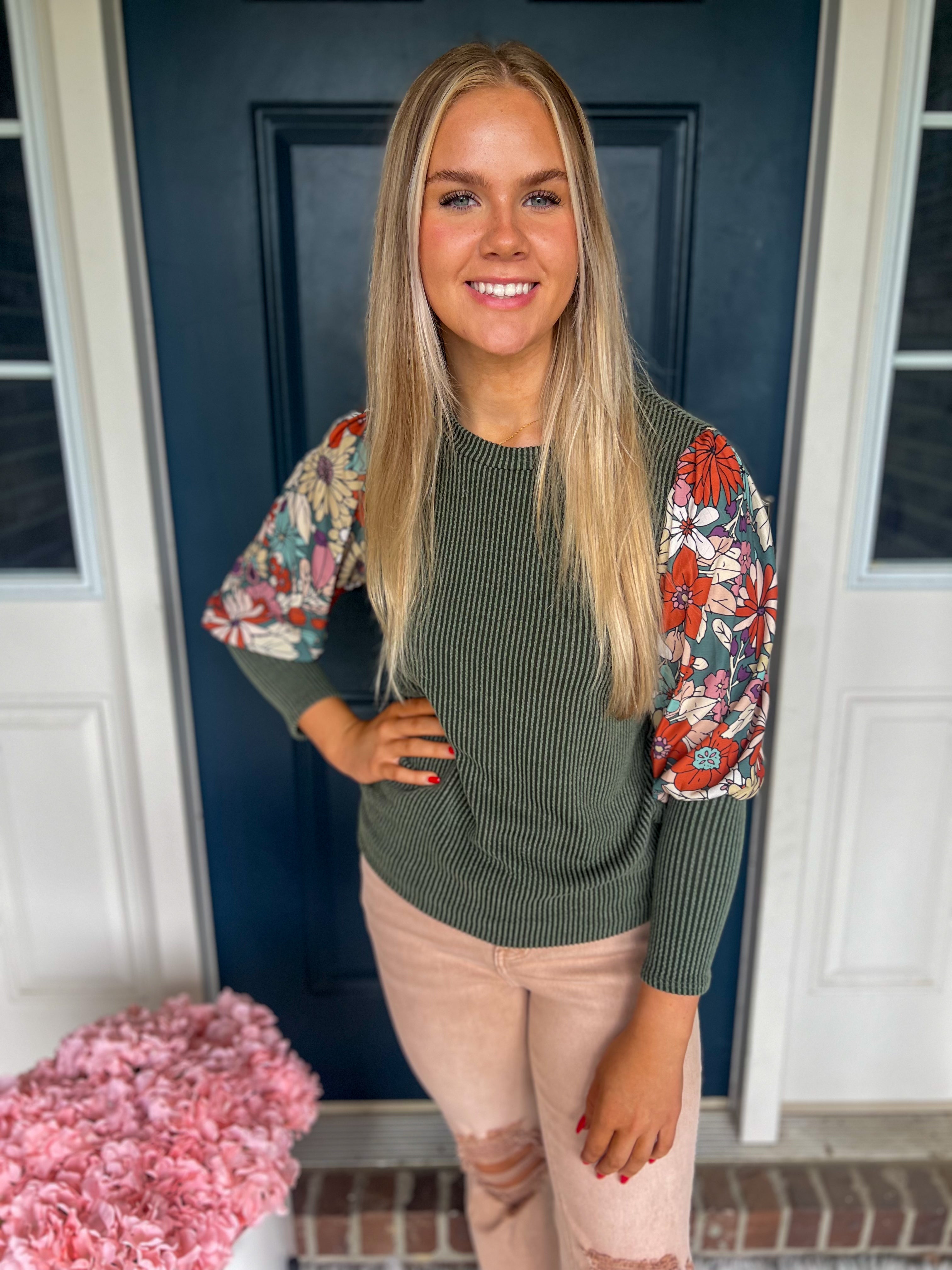 Aurora Olive Floral Sleeve Top