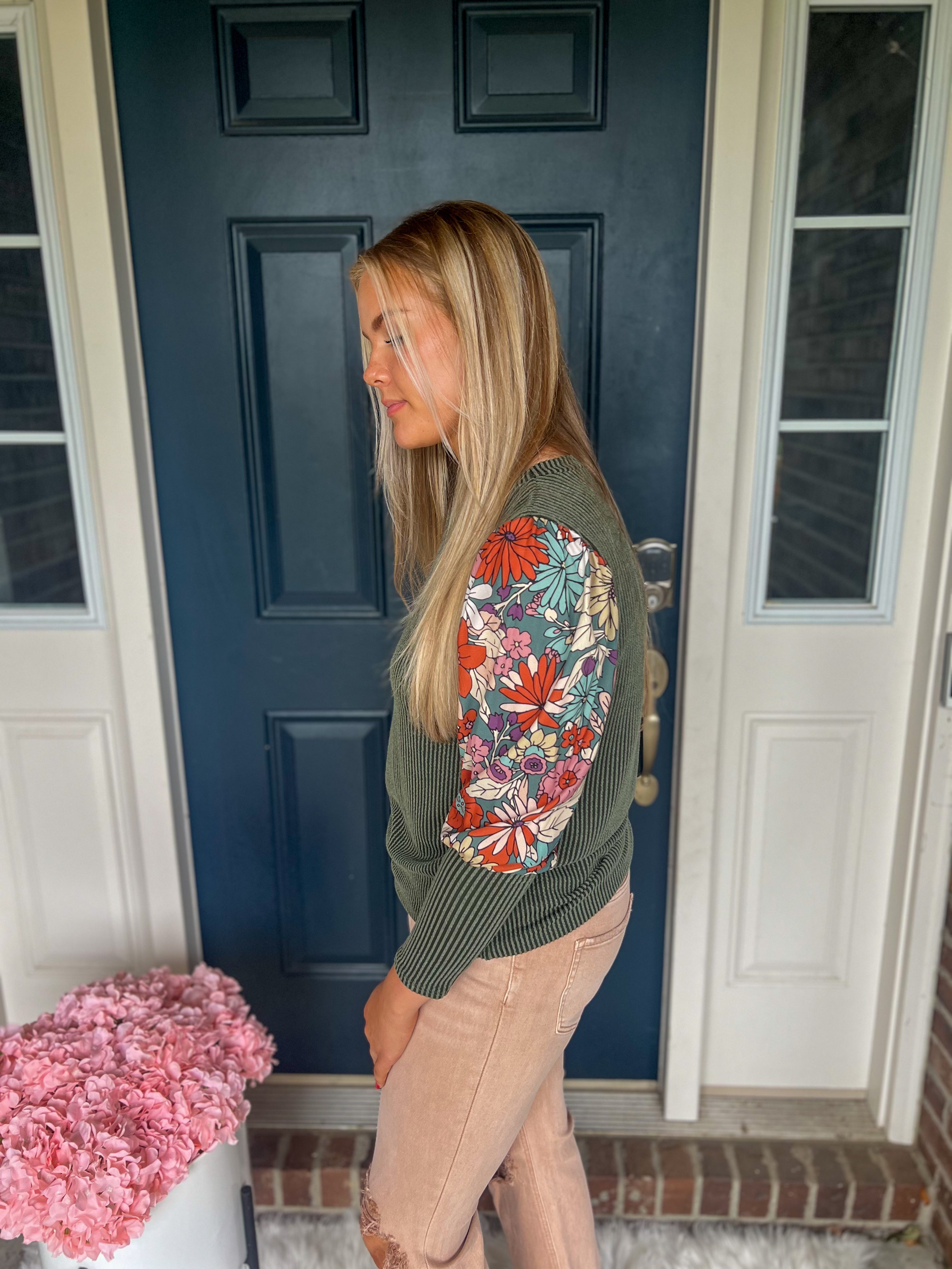 Aurora Olive Floral Sleeve Top