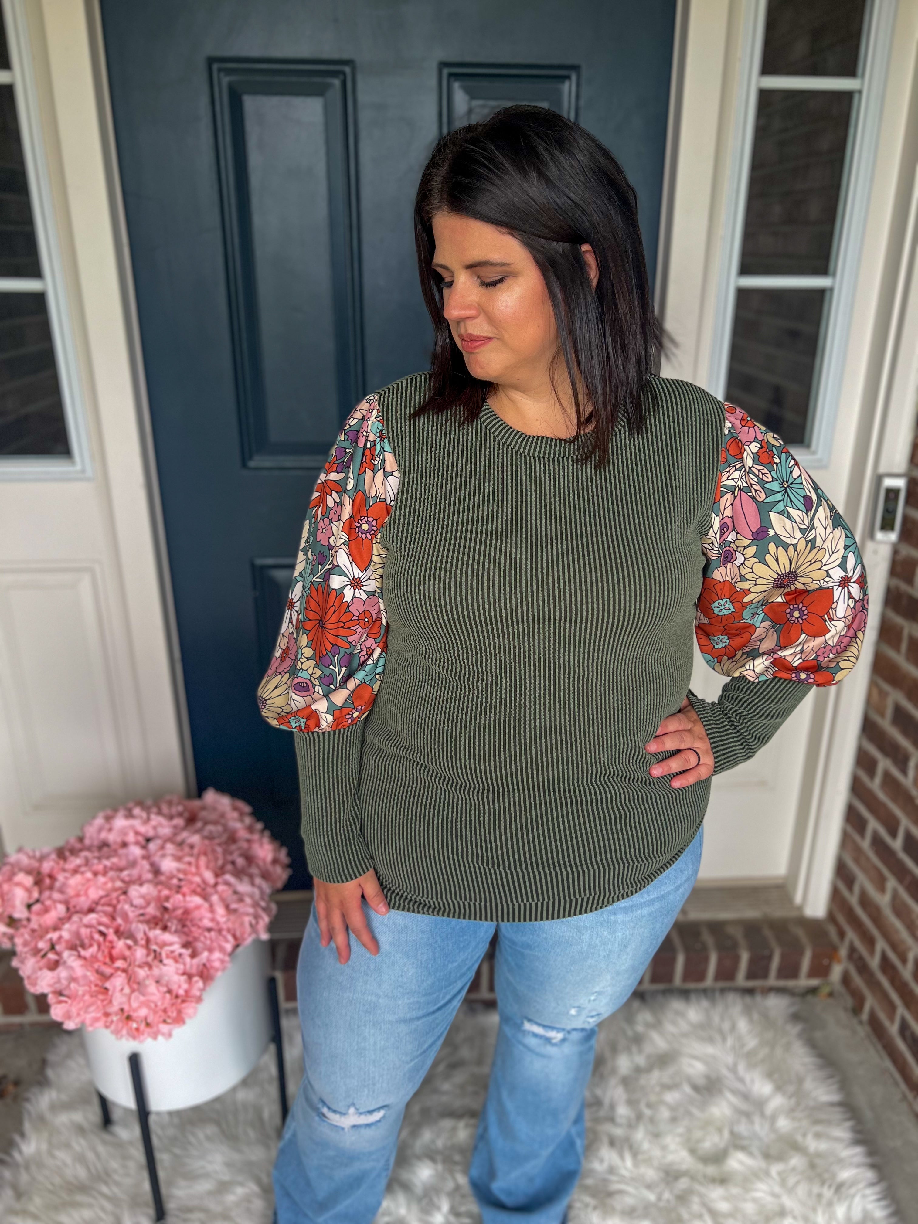Aurora Olive Floral Sleeve Top