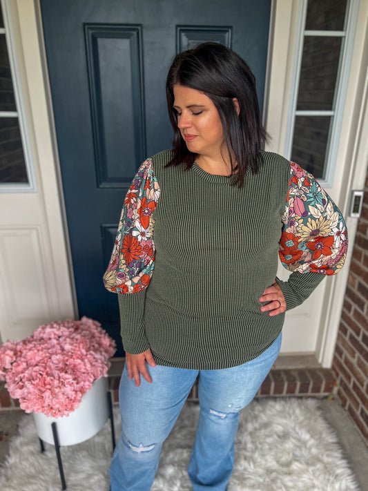 New! Aurora Olive Floral Sleeve Top