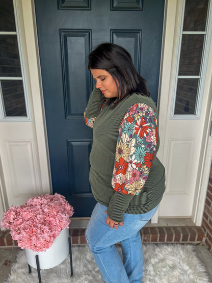 Aurora Olive Floral Sleeve Top