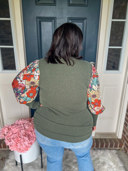 Aurora Olive Floral Sleeve Top