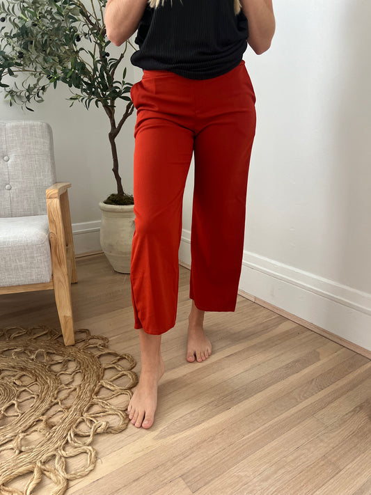New! Lucy Wide Leg Stretchy Crop Pants - Rust