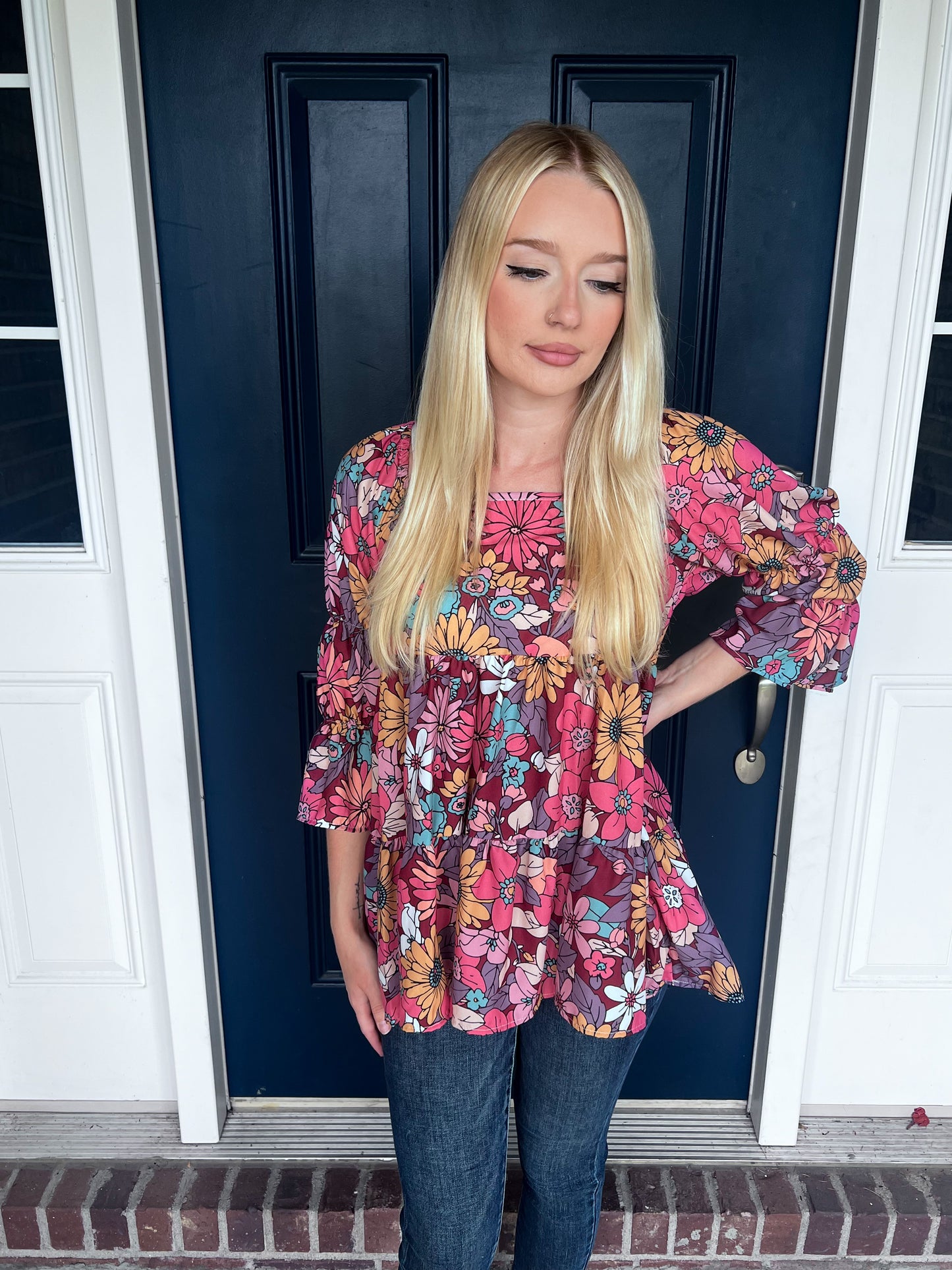 New! Waiting for You Floral Peasant Blouse