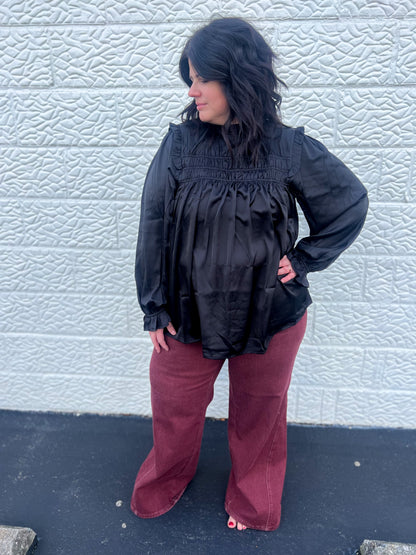 Black Mock Neck Satin Long Sleeve Blouse