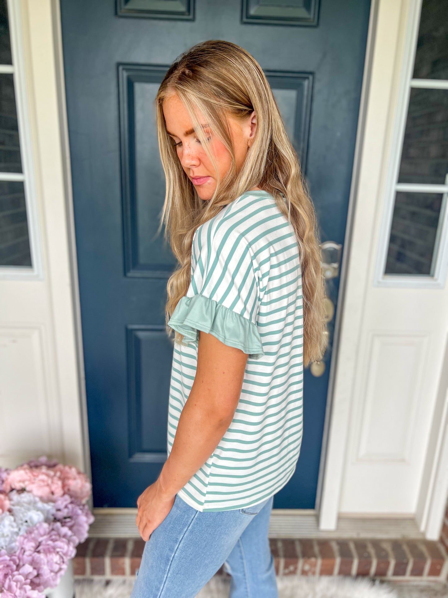 New! Aubrey Striped Ruffle Sleeve Top - Mint