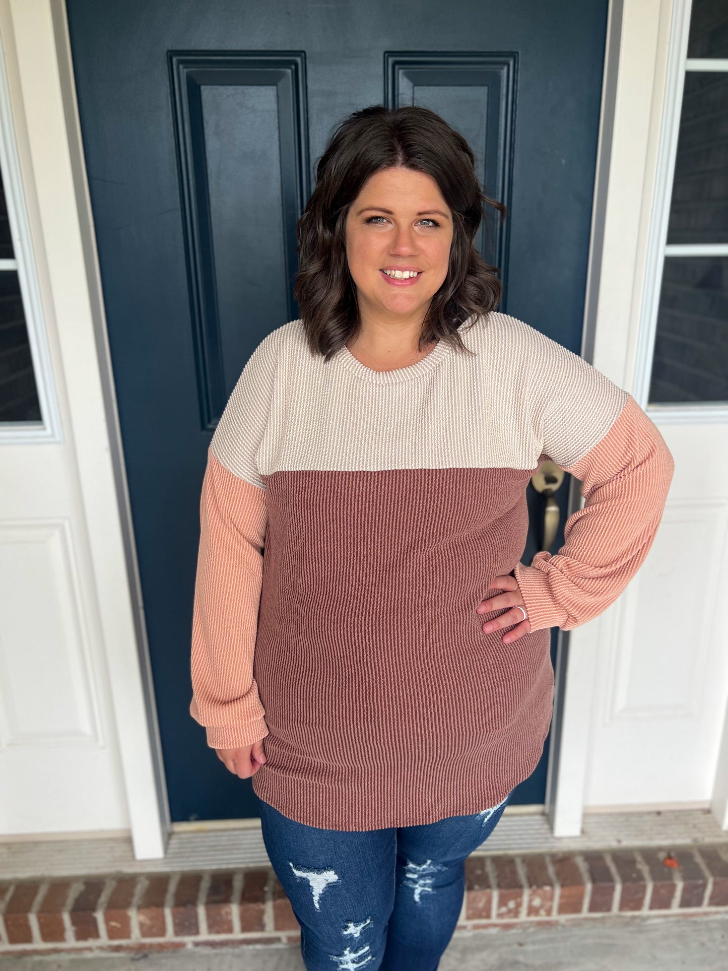 New! Keeley Corded Color Block Top - Taupe and Chocolate