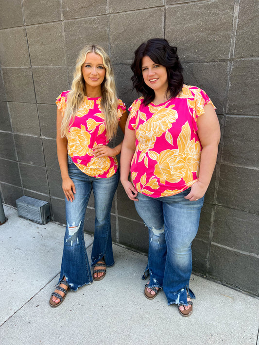 New! Pink and Yellow Floral Ruffle Sleeve Top