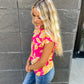 New! Pink and Yellow Floral Ruffle Sleeve Top