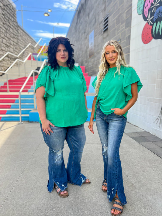 New! Serena Flutter Sleeve Blouse - Emerald Green