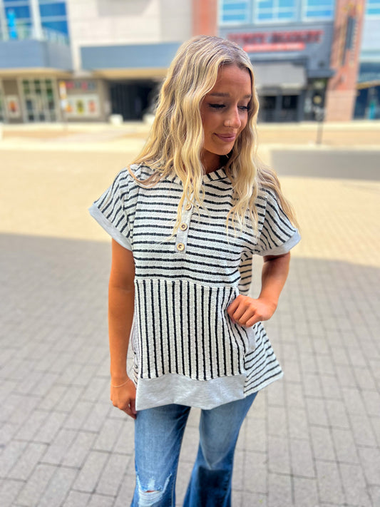 New! Allie Striped Hooded Short Sleeve Top