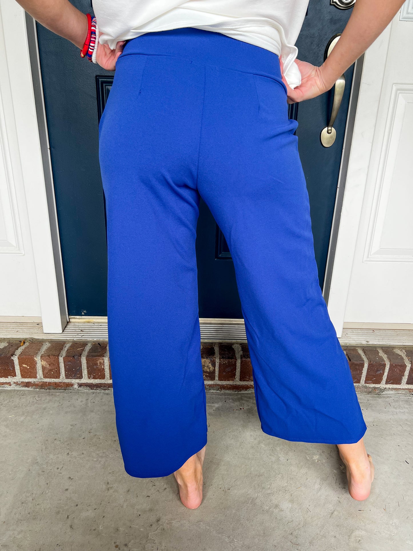 Royal Blue Elastic Waist Wide Leg Cropped Pants