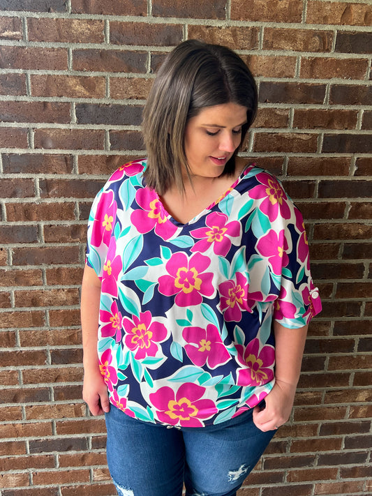 Constance Floral Blouse - Magenta and Navy