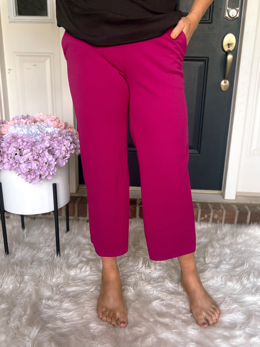 New! Lucy Wide Leg Stretchy Crop Pants - Magenta