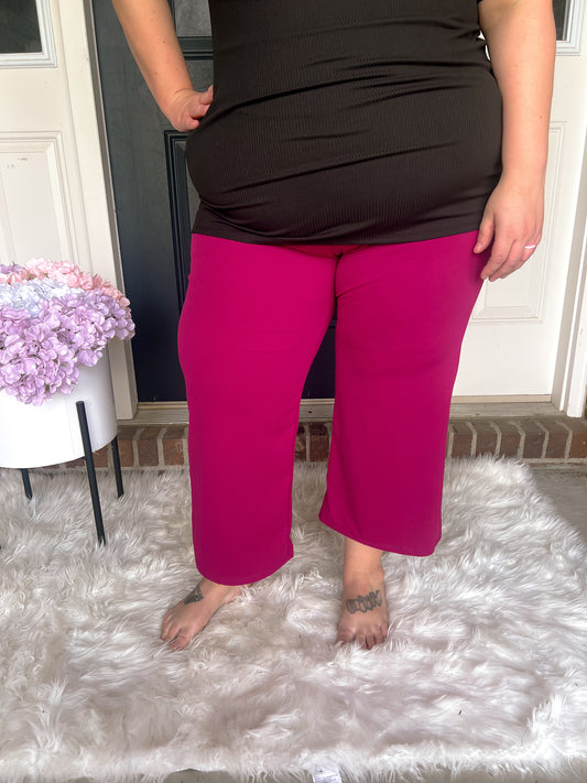 New! Lucy Wide Leg Stretchy Crop Pants - Magenta