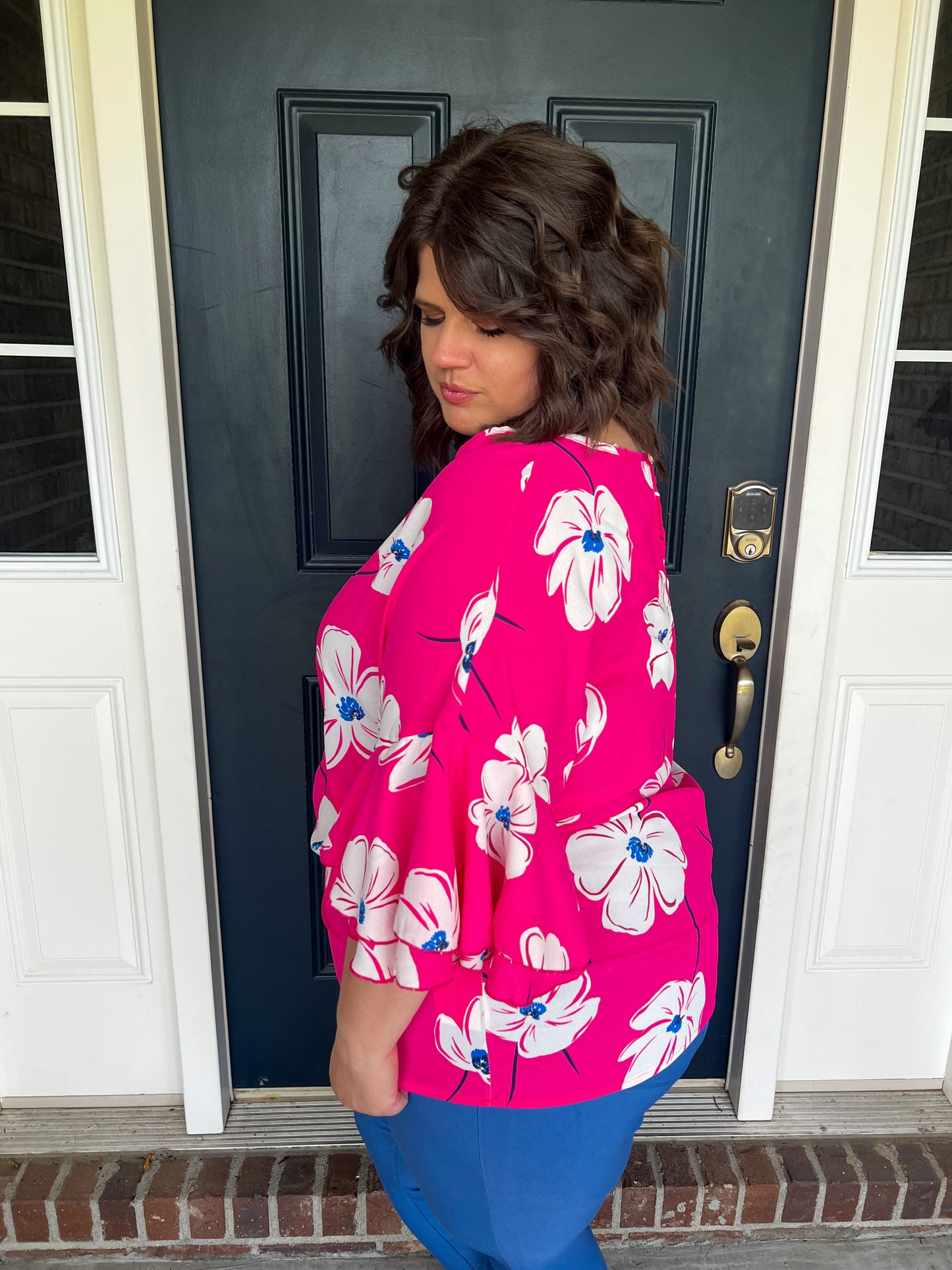 Este Pink Floral Ruffle Sleeve Blouse