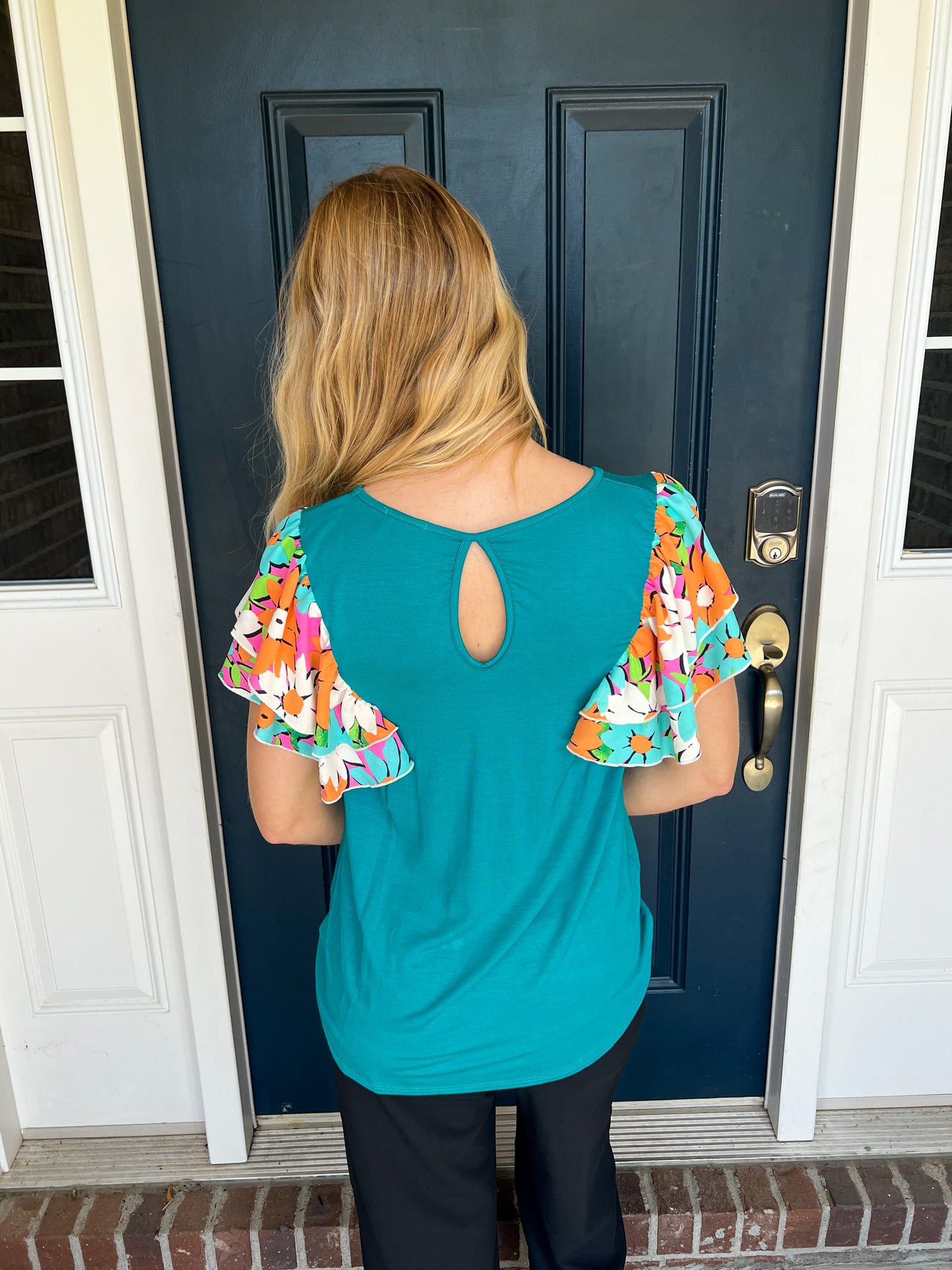 Nikki Turquoise Floral Ruffle Sleeve Top