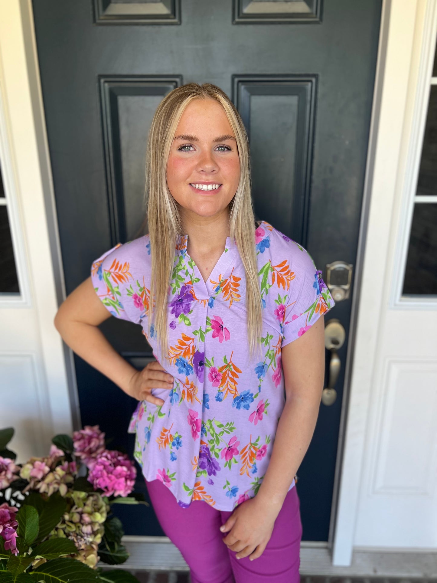 Lavender Floral Short Sleeve Blouse