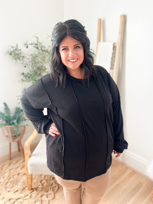 New! Elise Ribbed Long Sleeve Top - Black