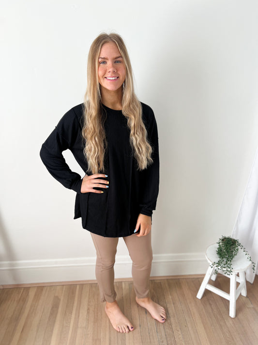New! Elise Ribbed Long Sleeve Top - Black