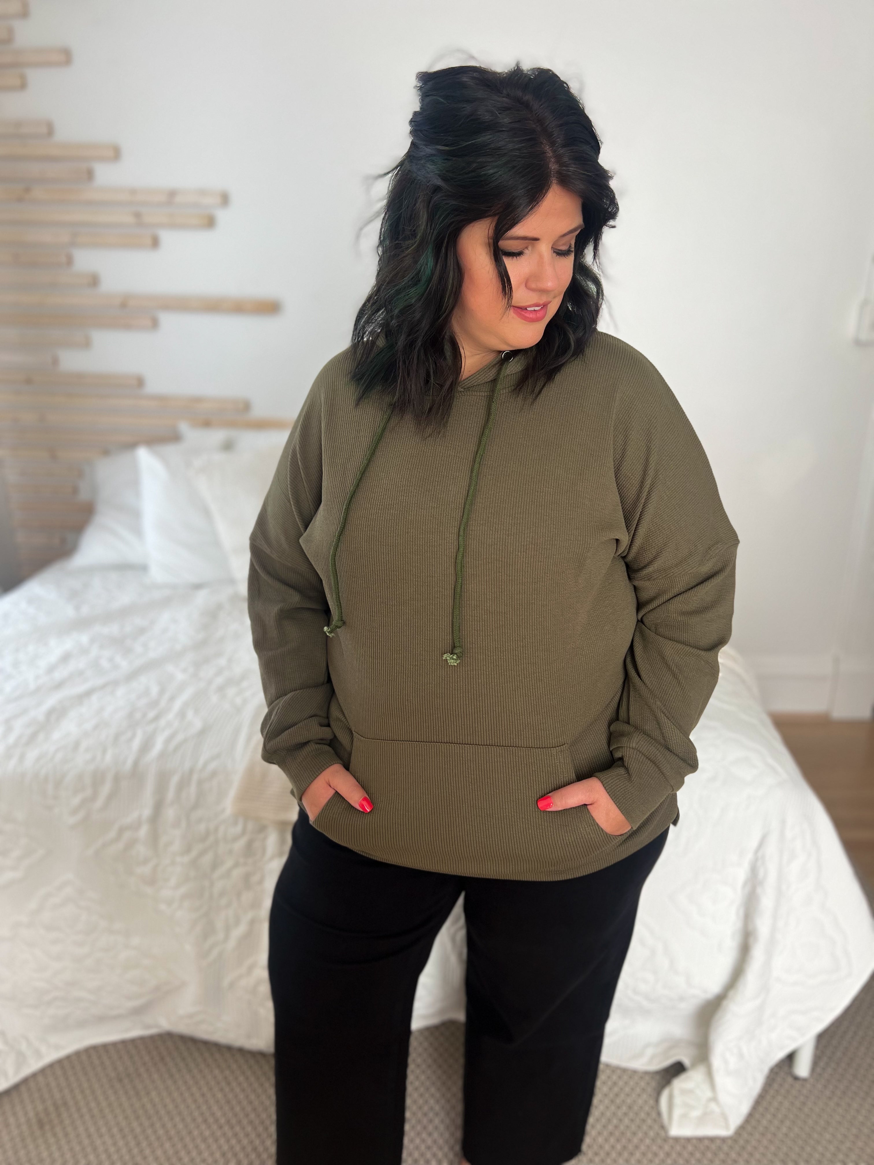 Kacey Ribbed Hoodie - Olive