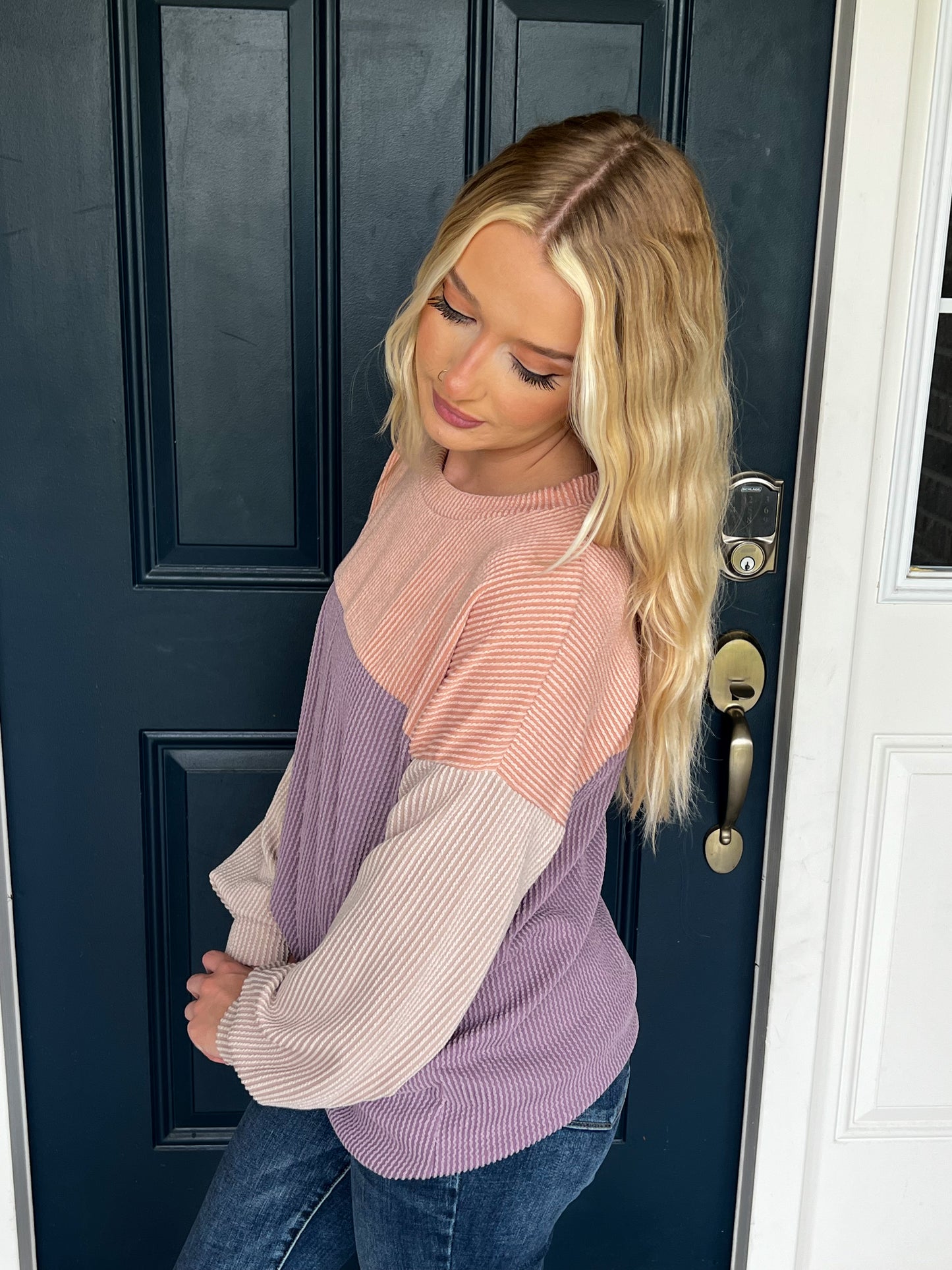 New! Keeley Corded Color Block Top - Peach and Lavender