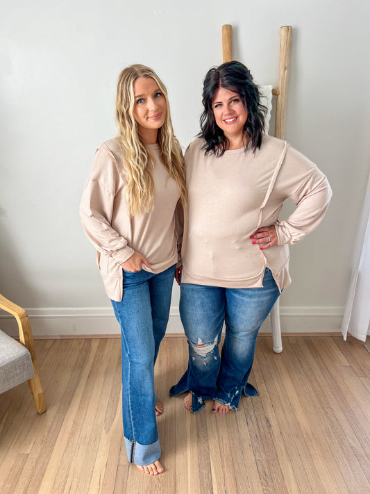 New! Lettie Oatmeal Long Sleeve Top