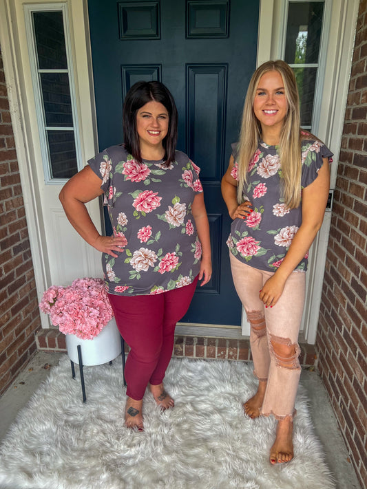 Charcoal Floral Short Sleeve Top