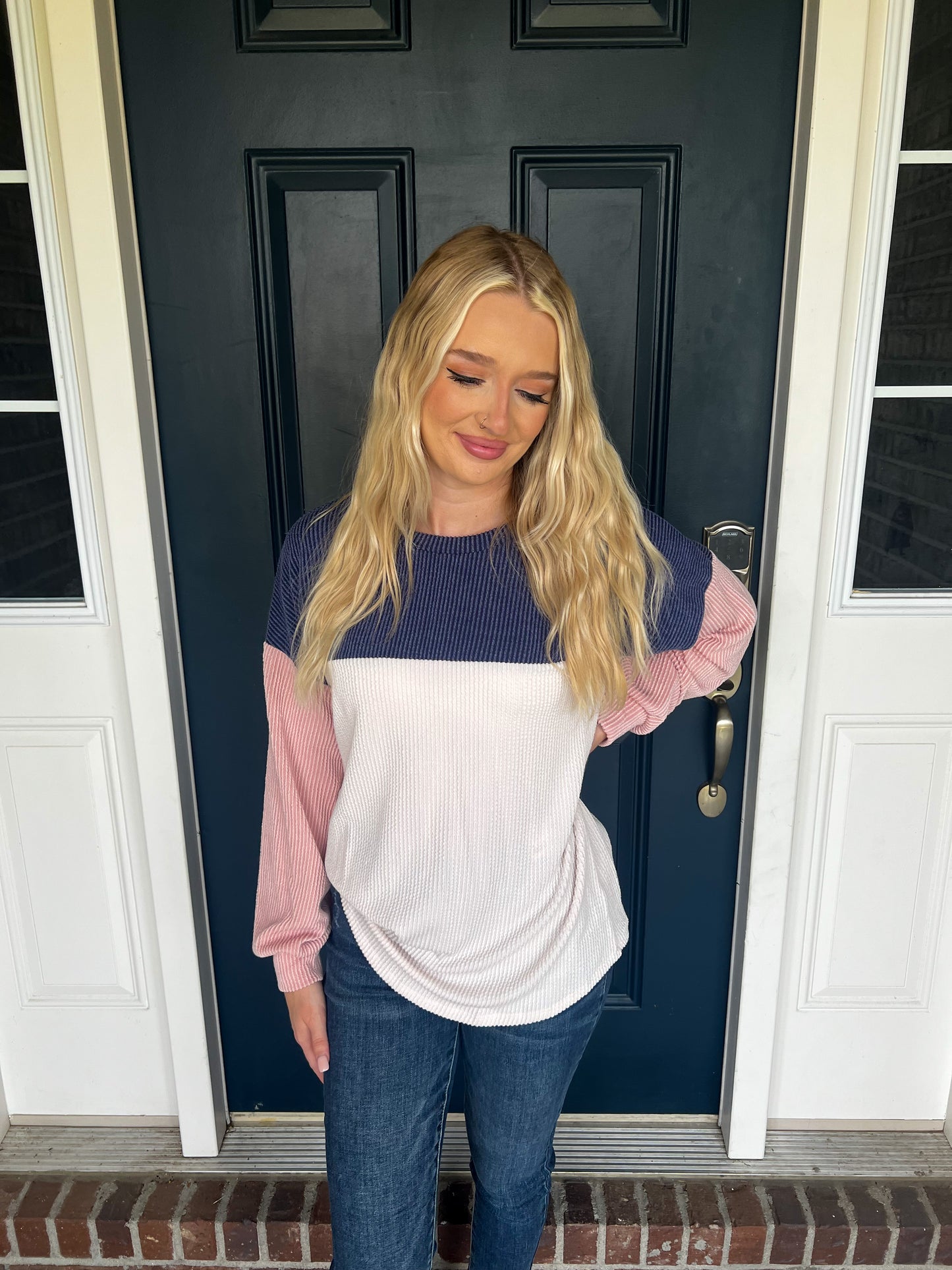 Keeley Corded Color Block Top - Navy and Pink