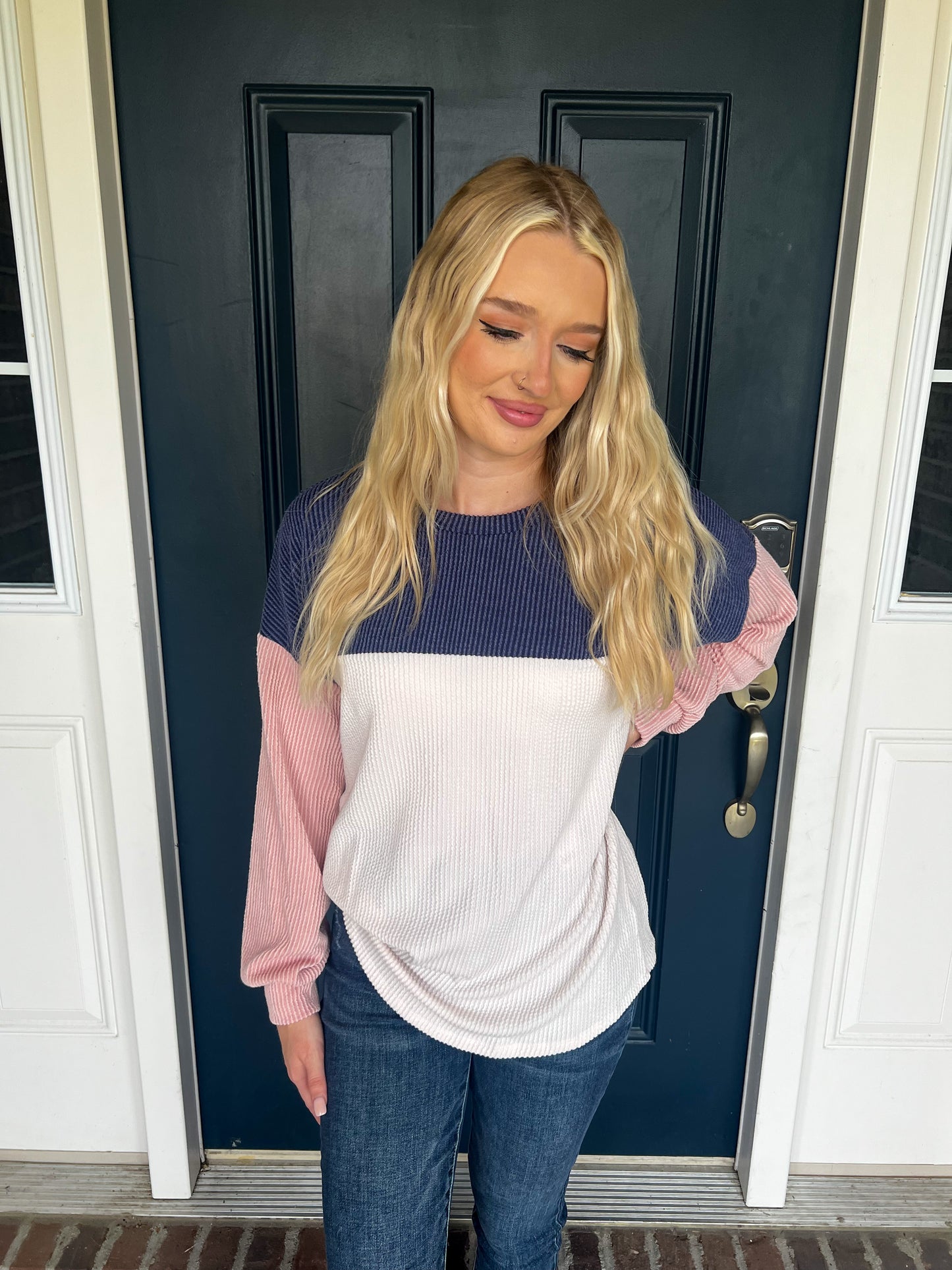 Keeley Corded Color Block Top - Navy and Pink