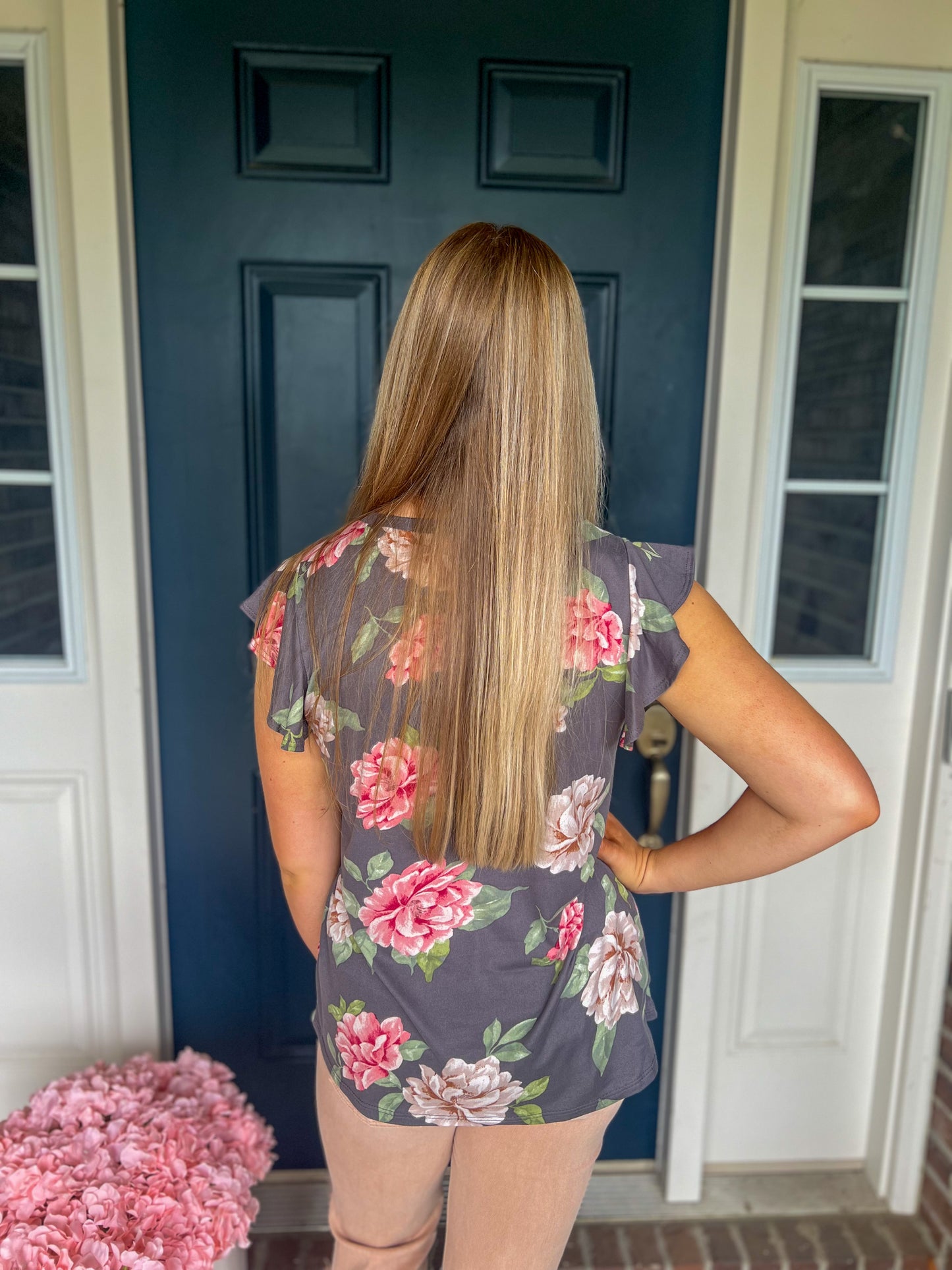 Charcoal Floral Short Sleeve Top