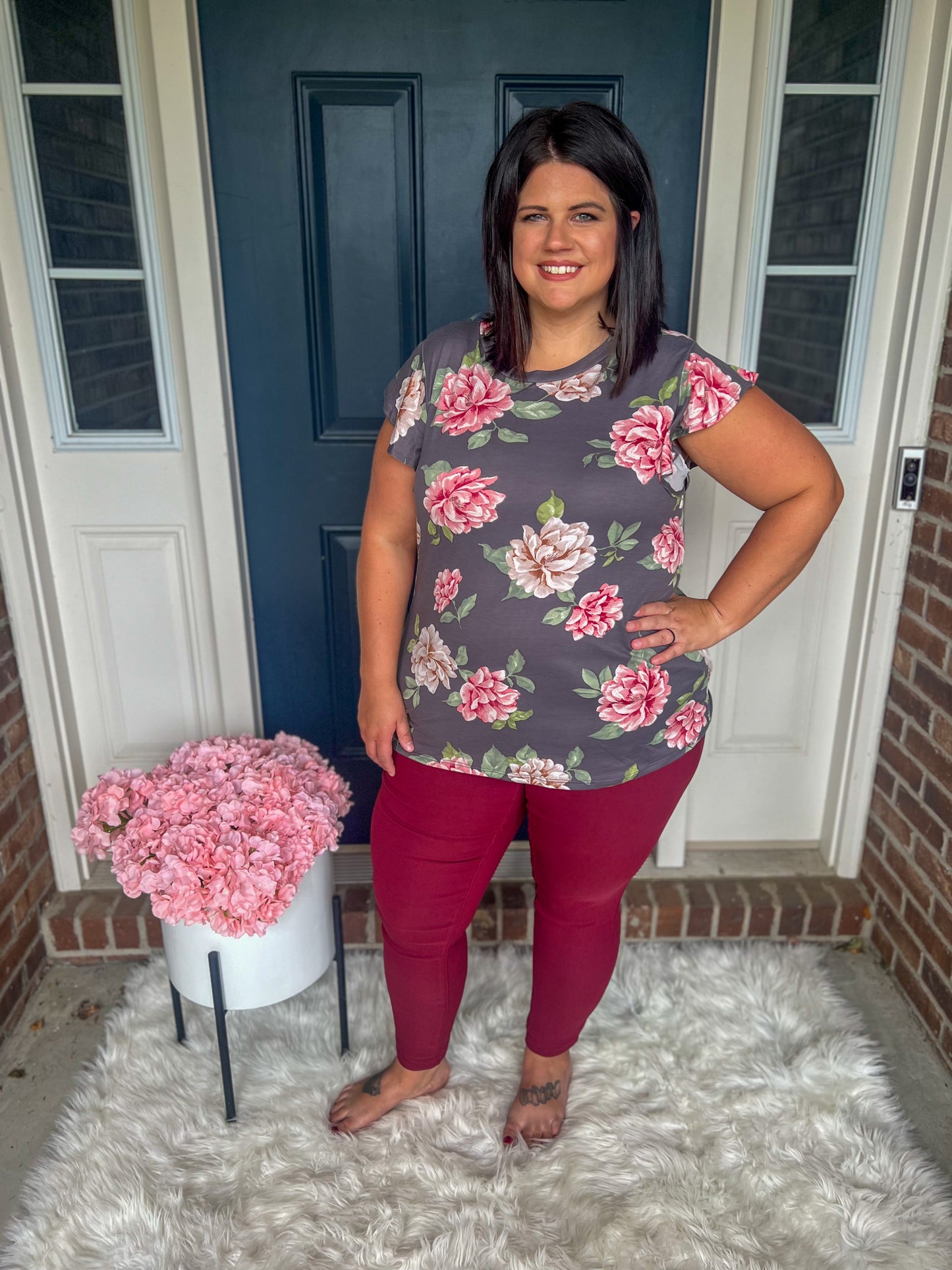 Charcoal Floral Short Sleeve Top