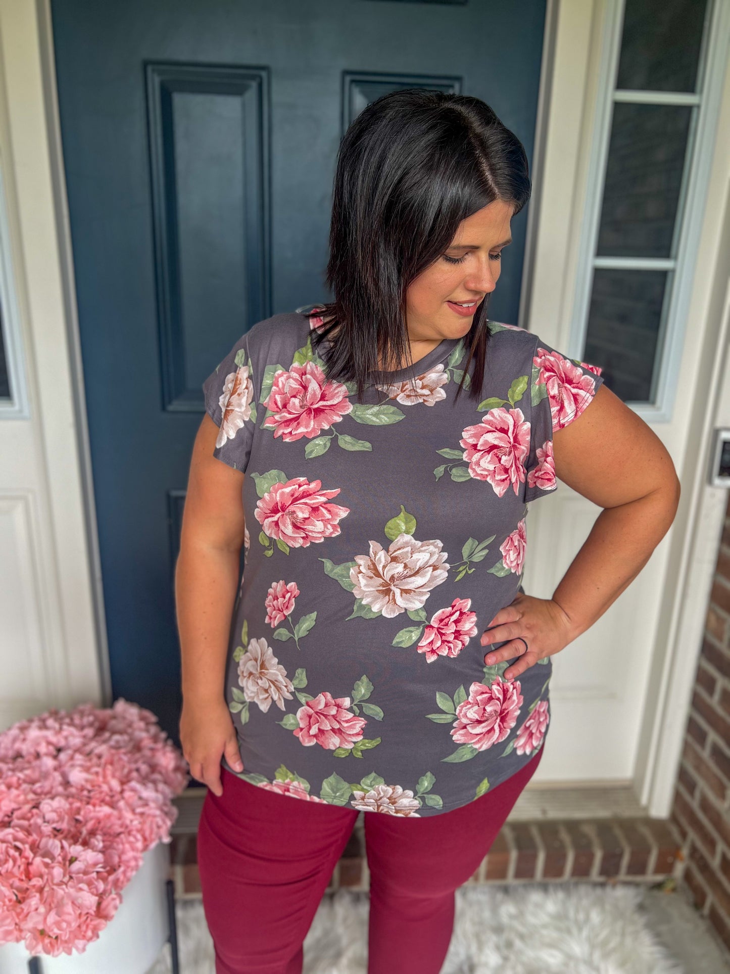 Charcoal Floral Short Sleeve Top