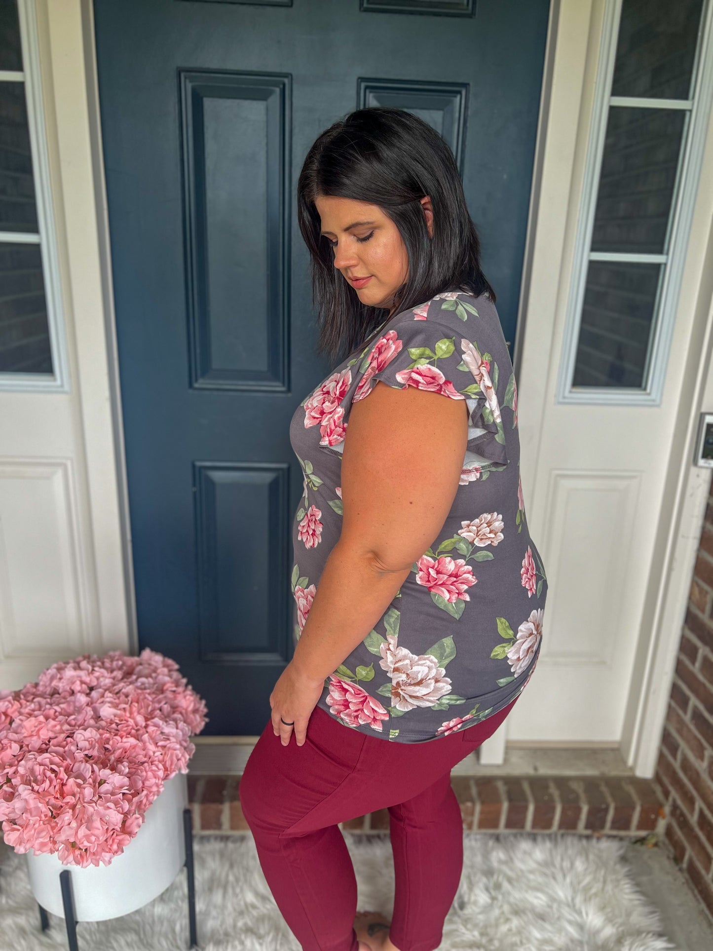 Charcoal Floral Short Sleeve Top