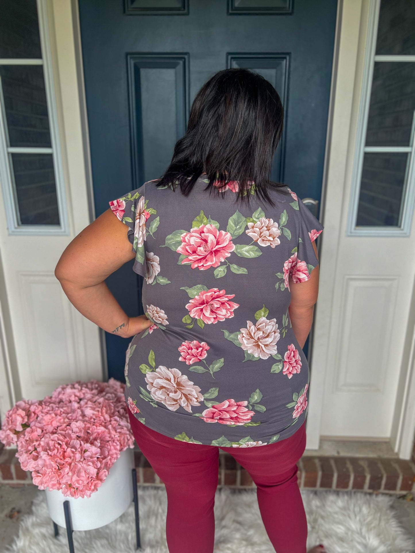 Charcoal Floral Short Sleeve Top