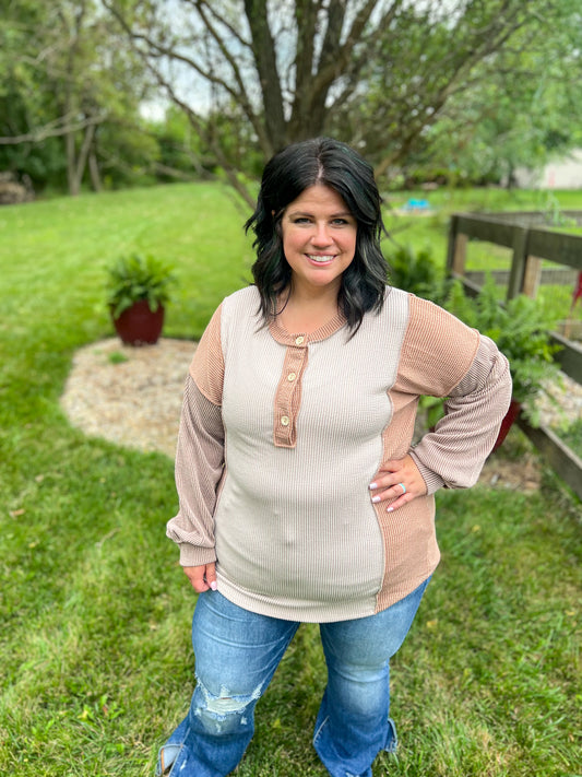 New! Erin Taupe Color Block Long Sleeve Top