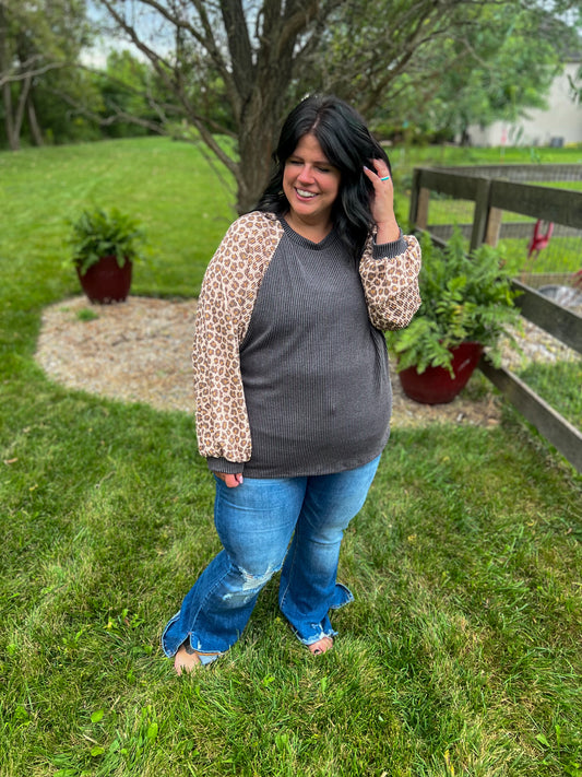 New! Feeling Bold Charcoal with Leopard Sleeves Top