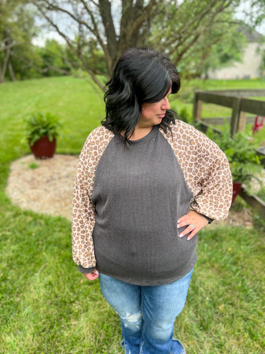 New! Feeling Bold Charcoal with Leopard Sleeves Top