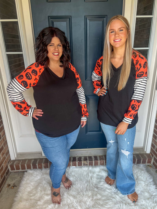 Black with Pumpkins and Stripes Sleeves Top