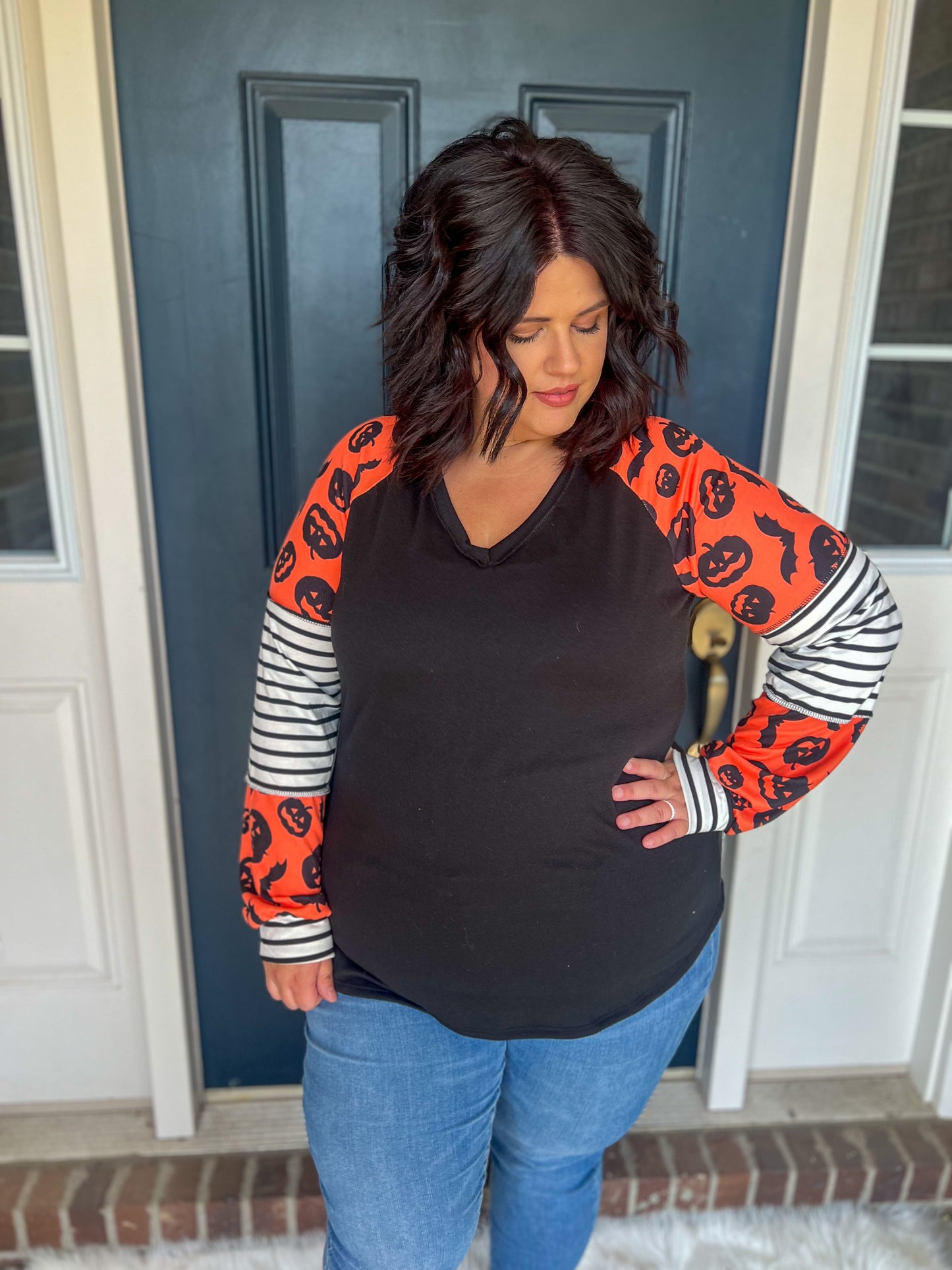 New! Black with Pumpkins and Stripes Sleeves Top