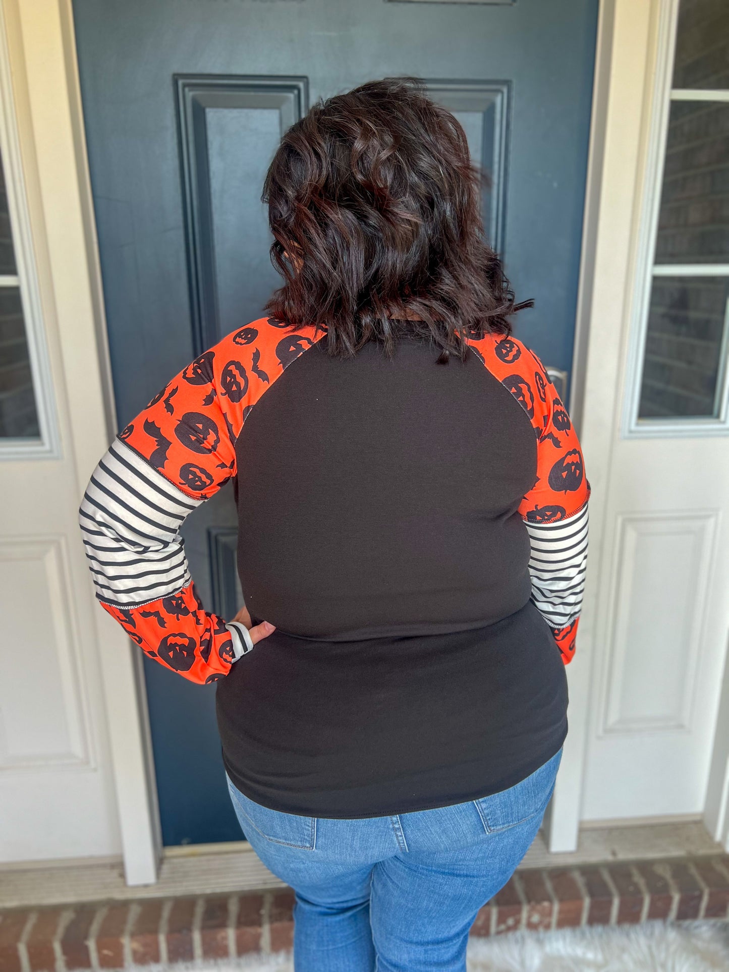 New! Black with Pumpkins and Stripes Sleeves Top