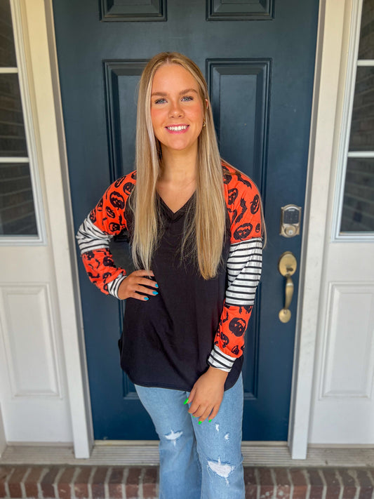 Black with Pumpkins and Stripes Sleeves Top