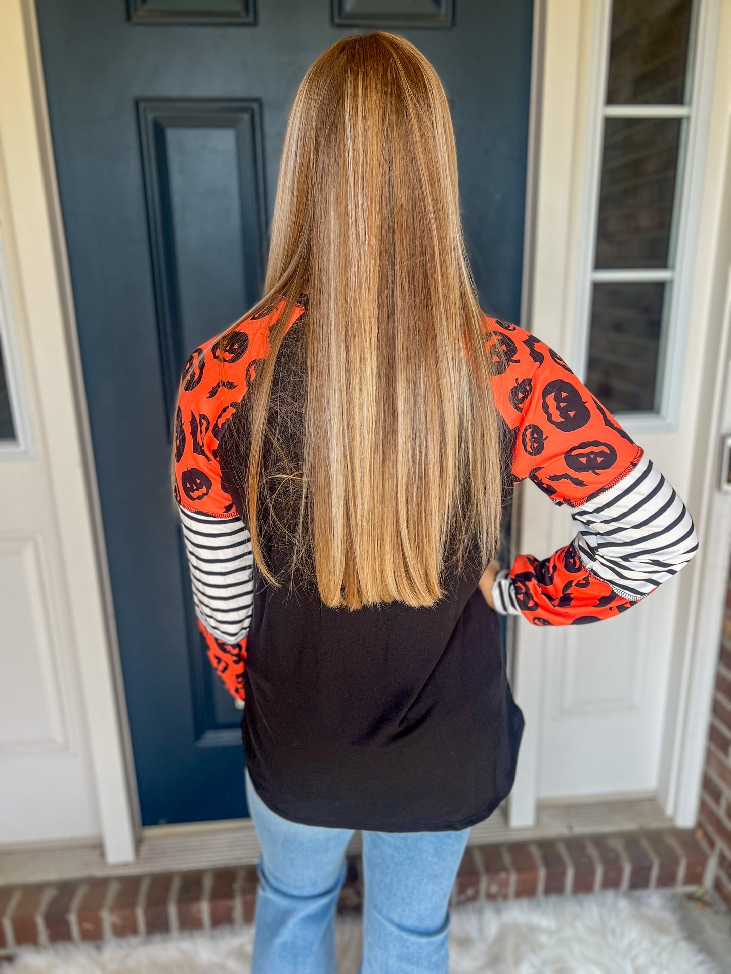 New! Black with Pumpkins and Stripes Sleeves Top