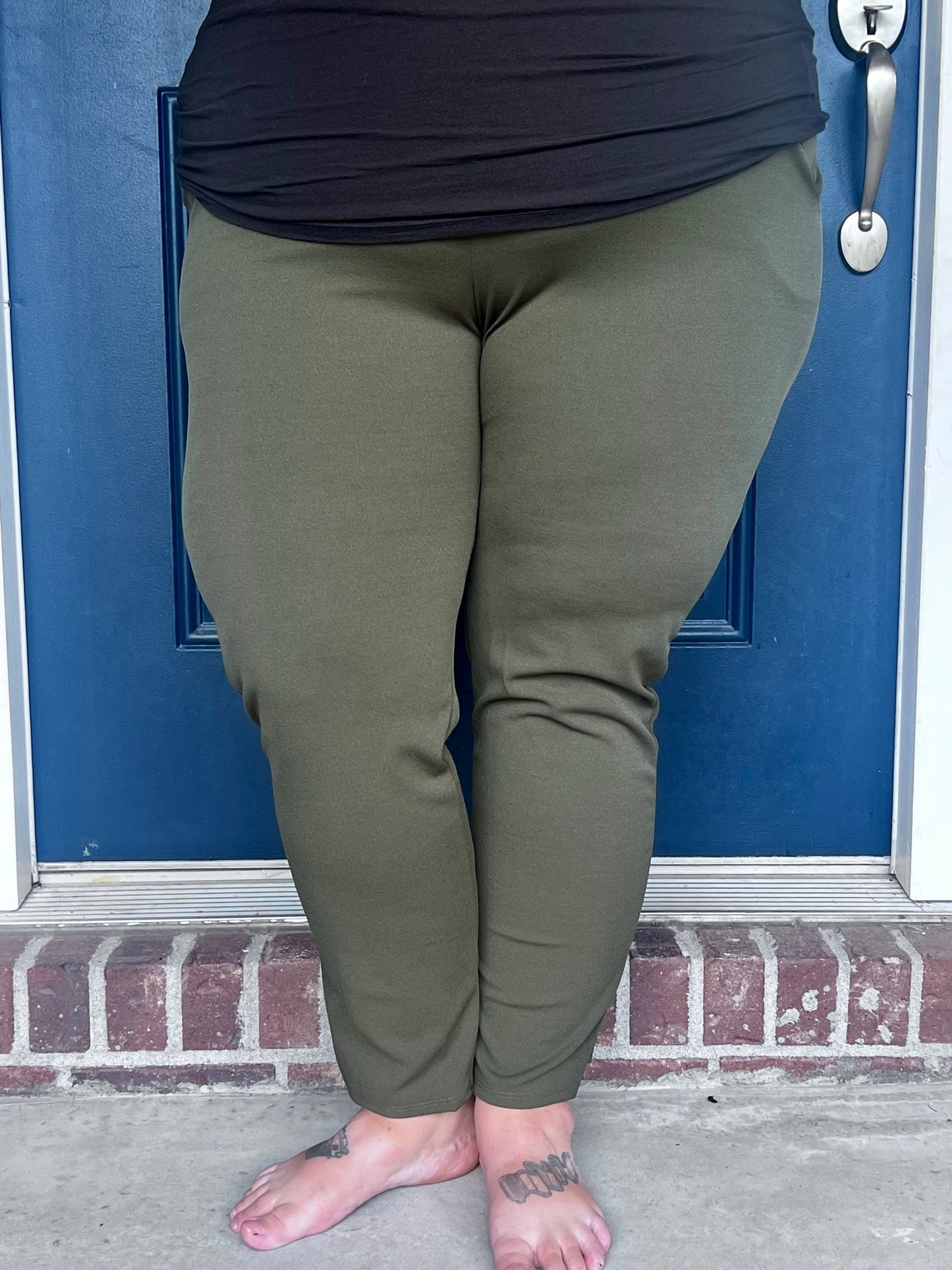 New! Lena Stretchy Straight Leg Pants with Side Slit - Olive